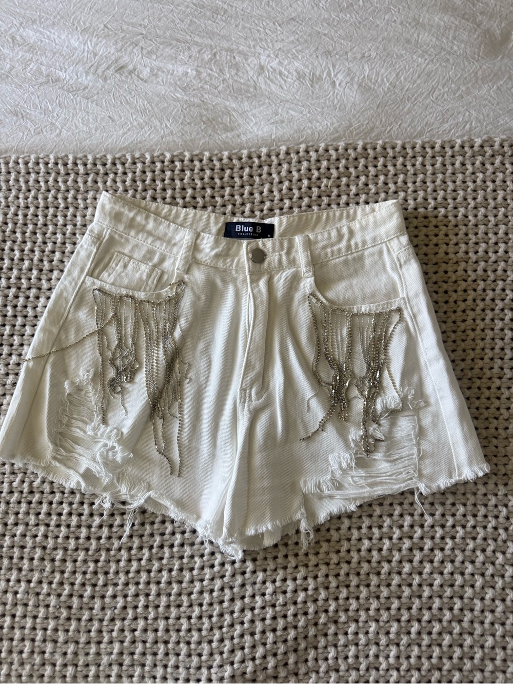 Blue B White Denim Shorts with Silver Chain Fringe